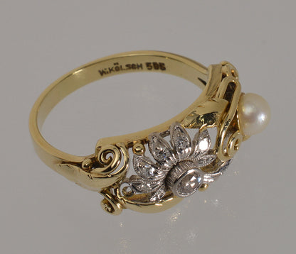 Antique Art Nouveau 14K Gold Platinum Diamond Pearl Ring
German Jugendstil W. Kölsch c.1900