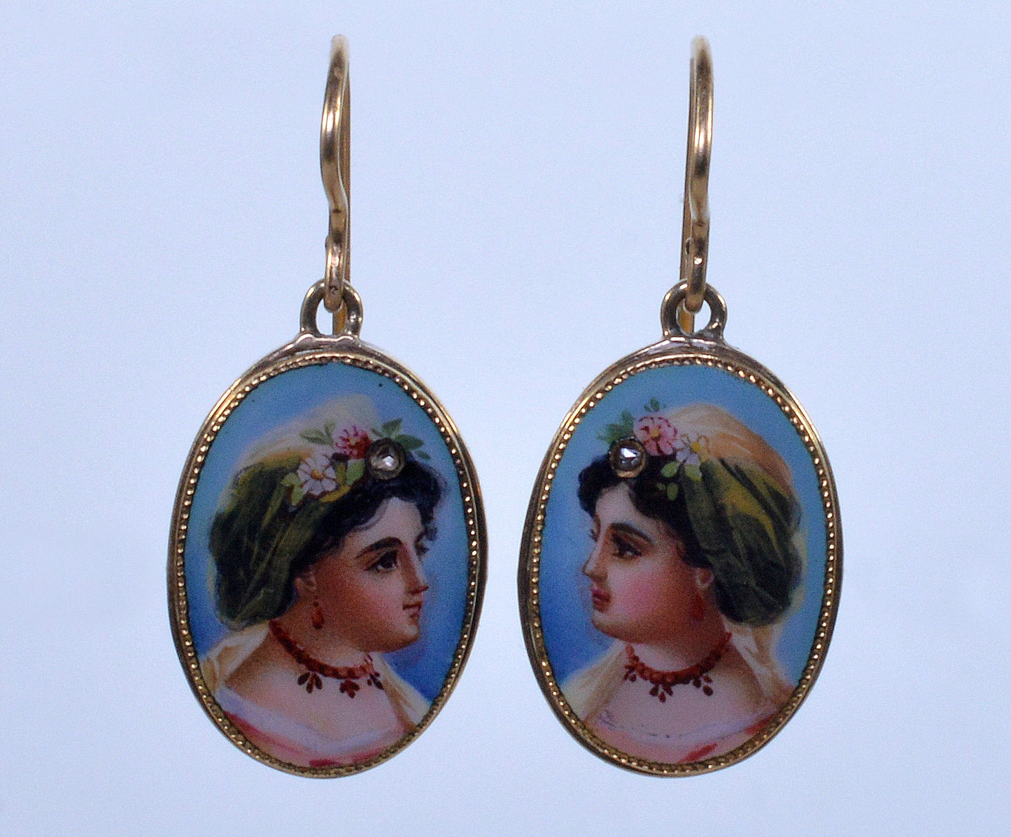 Antique Victorian Enamel Portrait 14K Gold Diamond Earrings C.1890