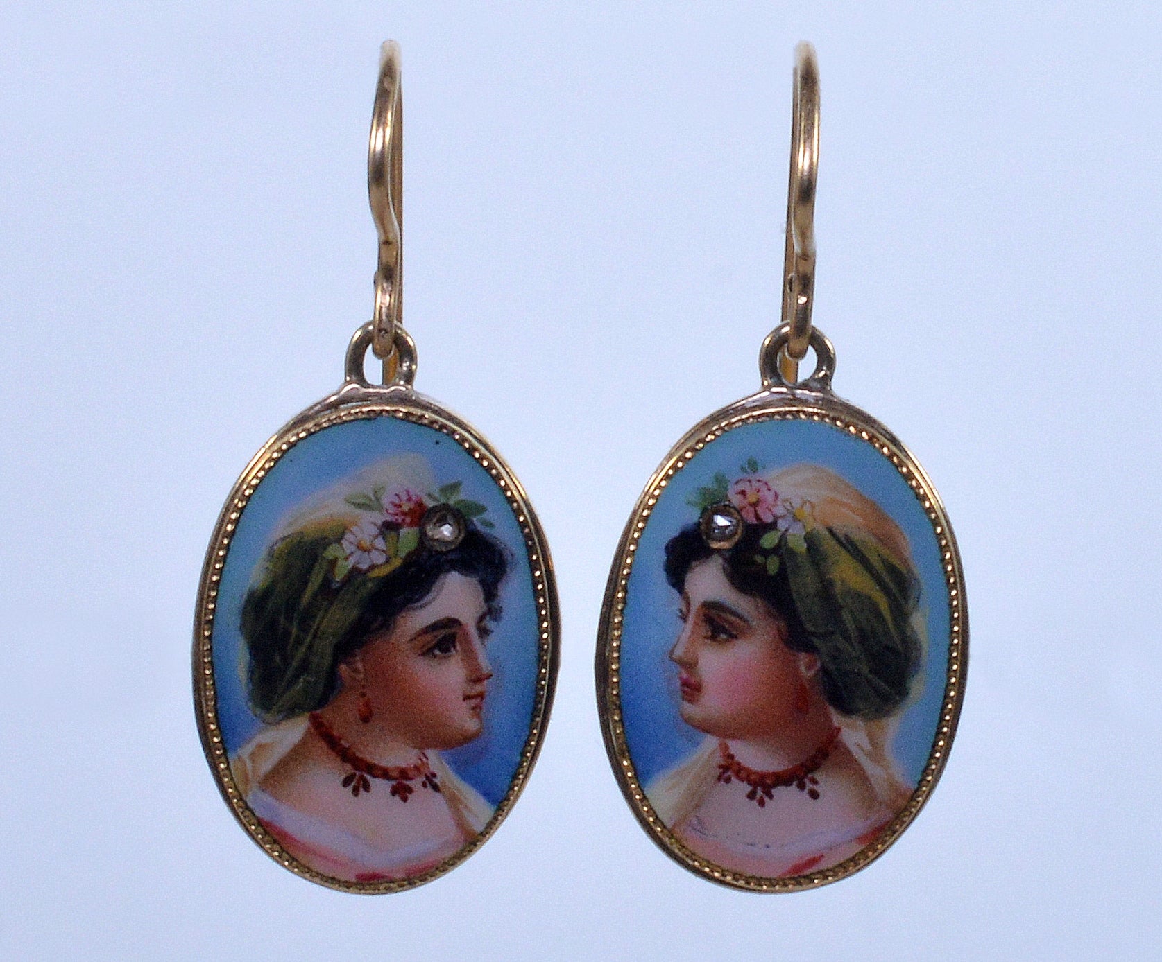 Antique Victorian Enamel Portrait 14K Gold Diamond Earrings C.1890