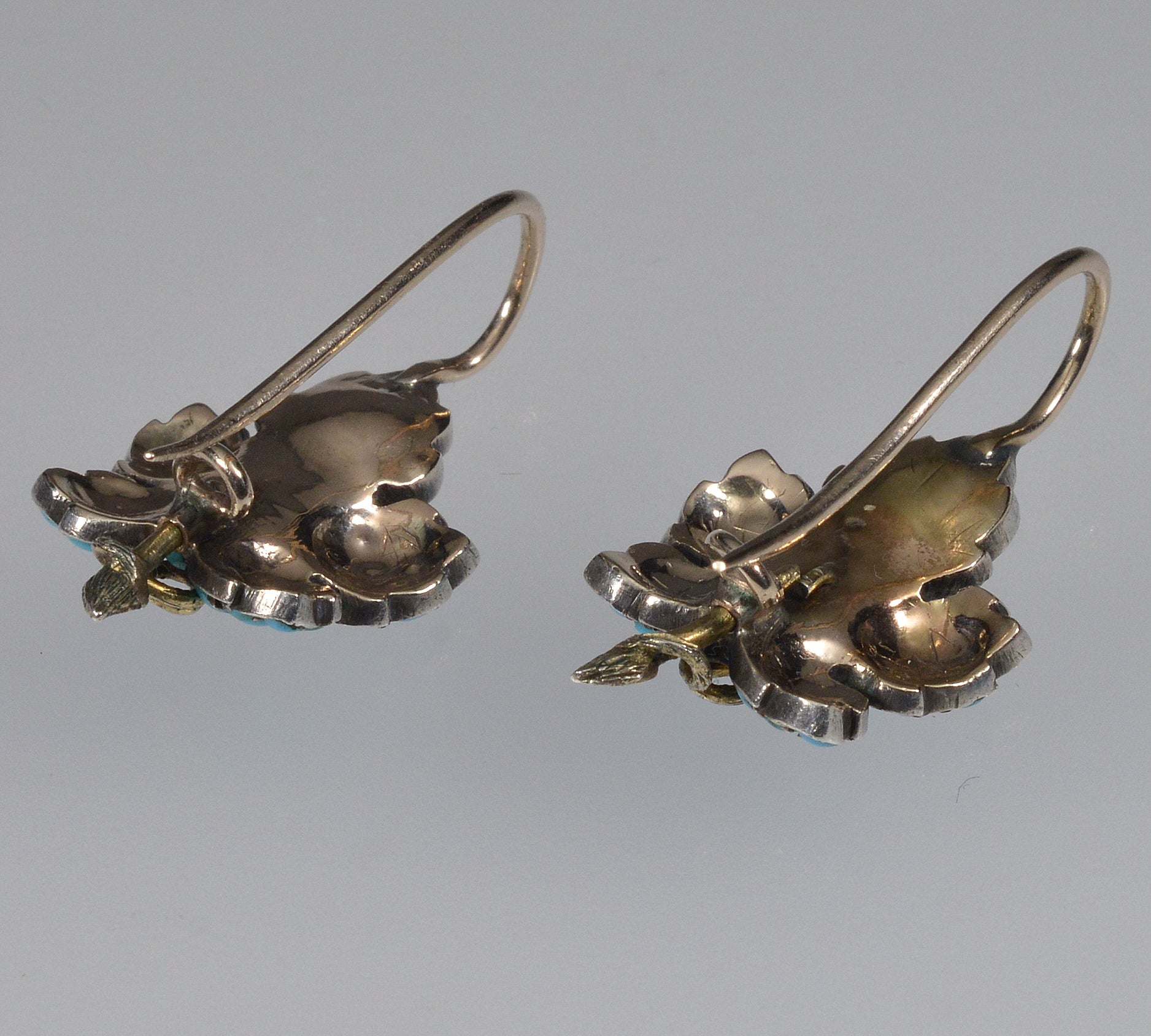 Victorian Turquoise 9K Gold Silver Leaf Earrings C.1890