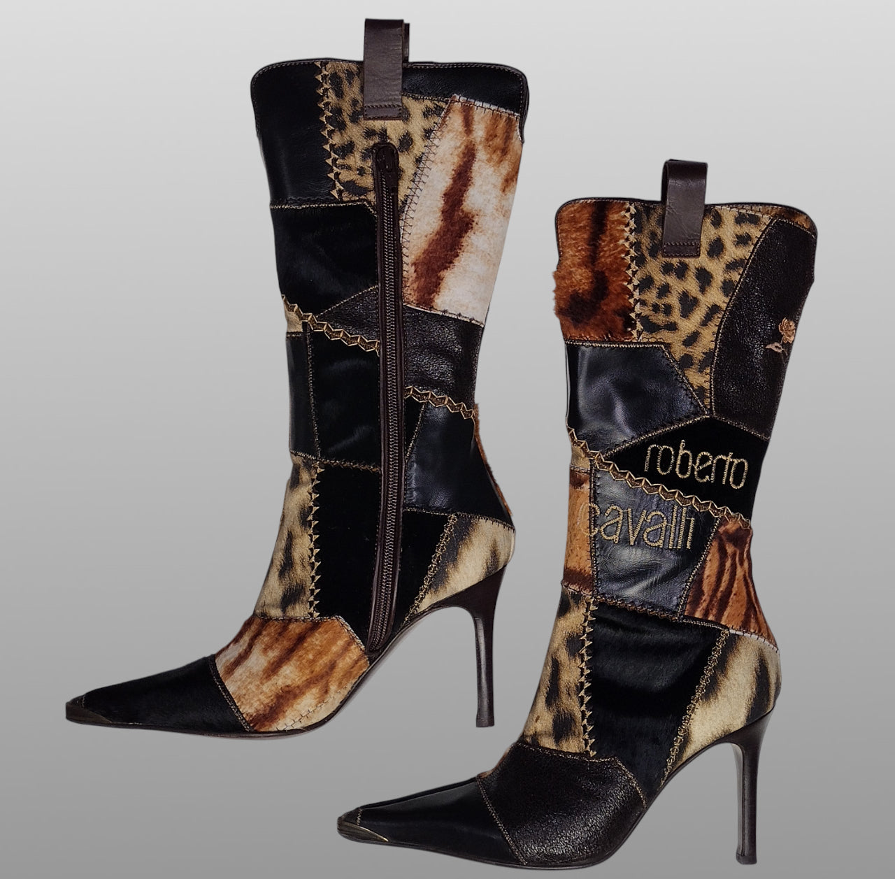 Roberto Cavalli Signature Pony Hair Calfskin Jaguar Print Boots 36 with Box