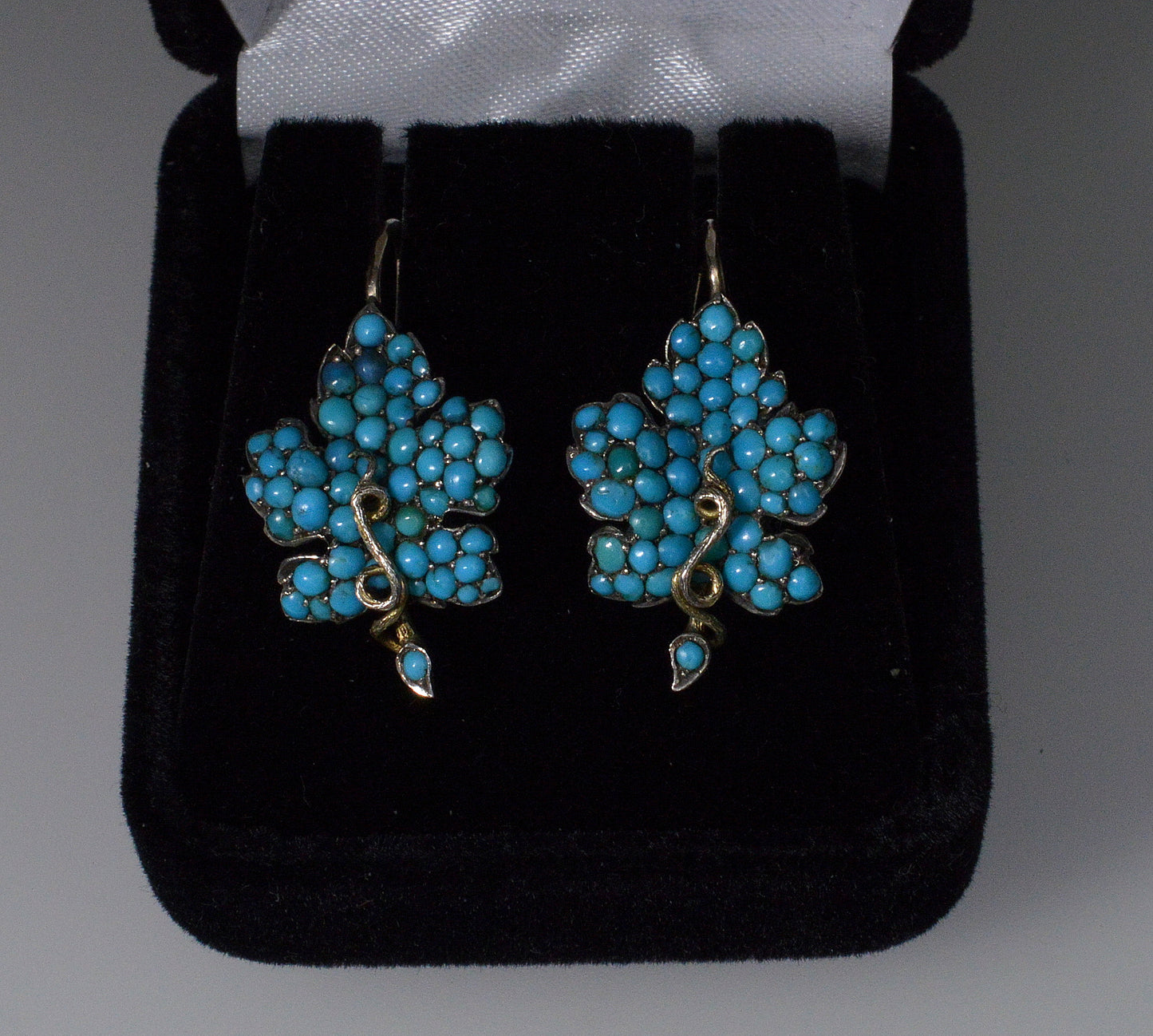 Victorian Turquoise 9K Gold Silver Leaf Earrings C.1890