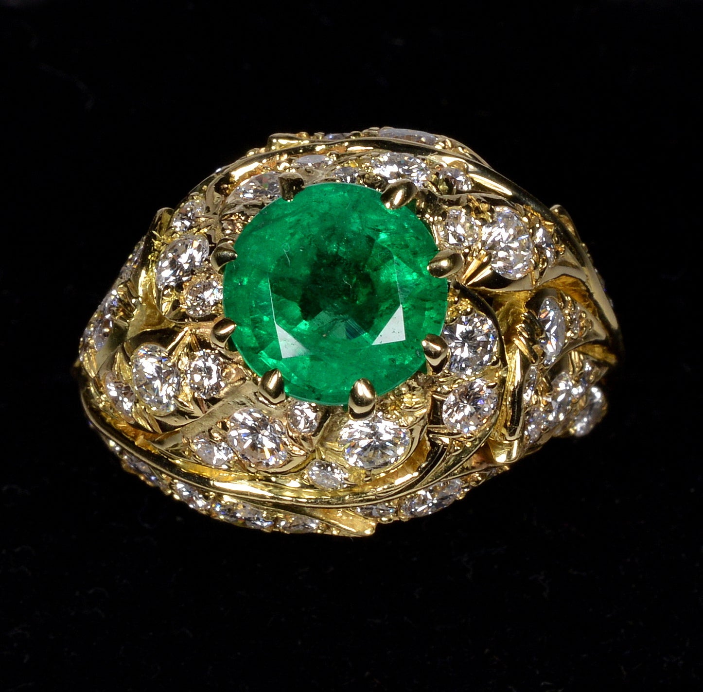18K Gold Emerald Diamond Cocktail Ring Size 7.25 C.1980