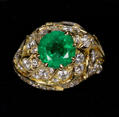 18K Gold Emerald Diamond Cocktail Ring Size 7.25 C.1980