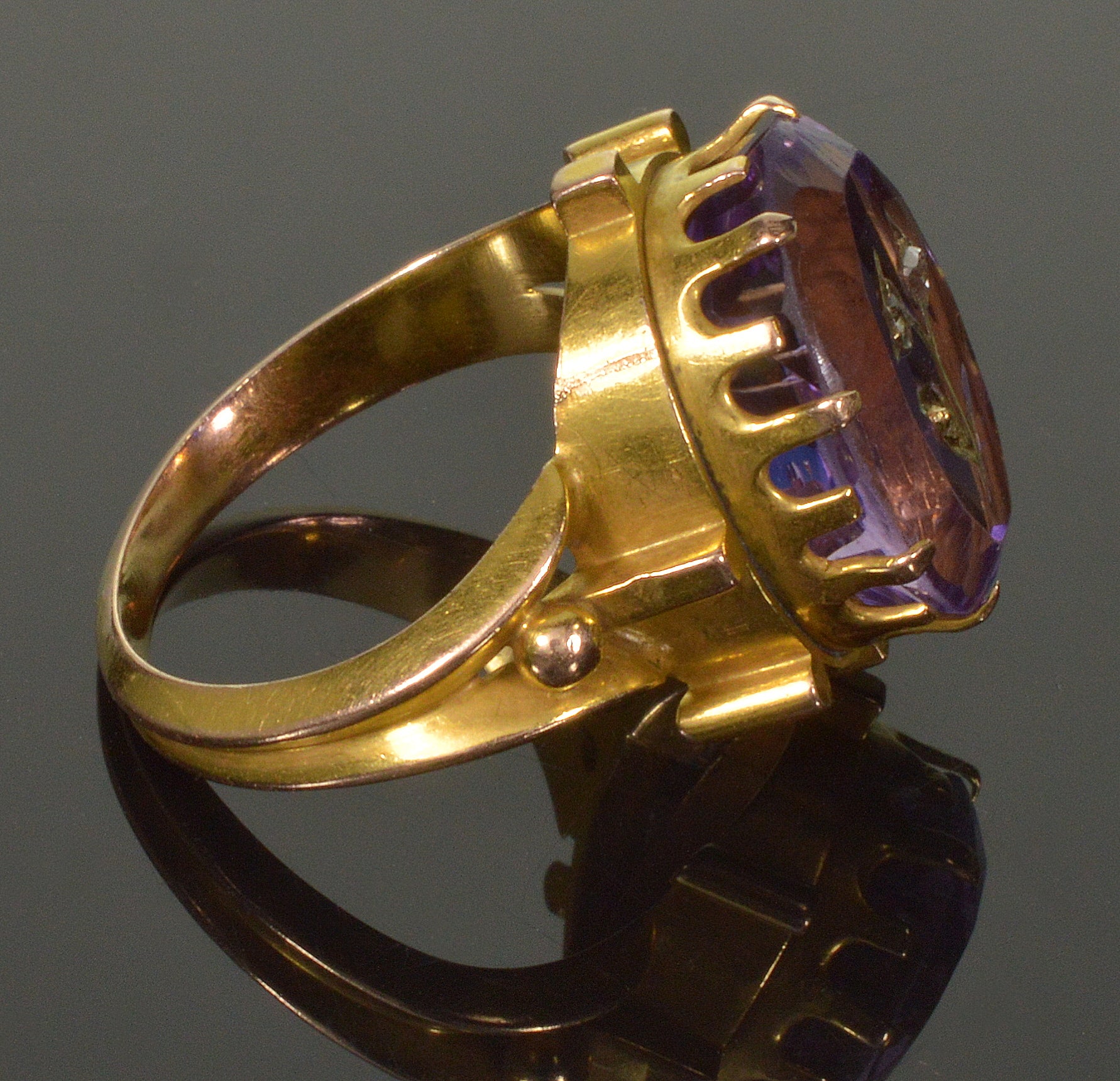 Antique 14K Gold Rose Of Sharon Diamond Ring Amethyst Inlay C.1860