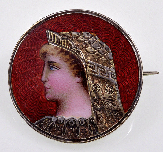 Antique French Enamel Valkyrie Sterling Brooch Pin C.1900