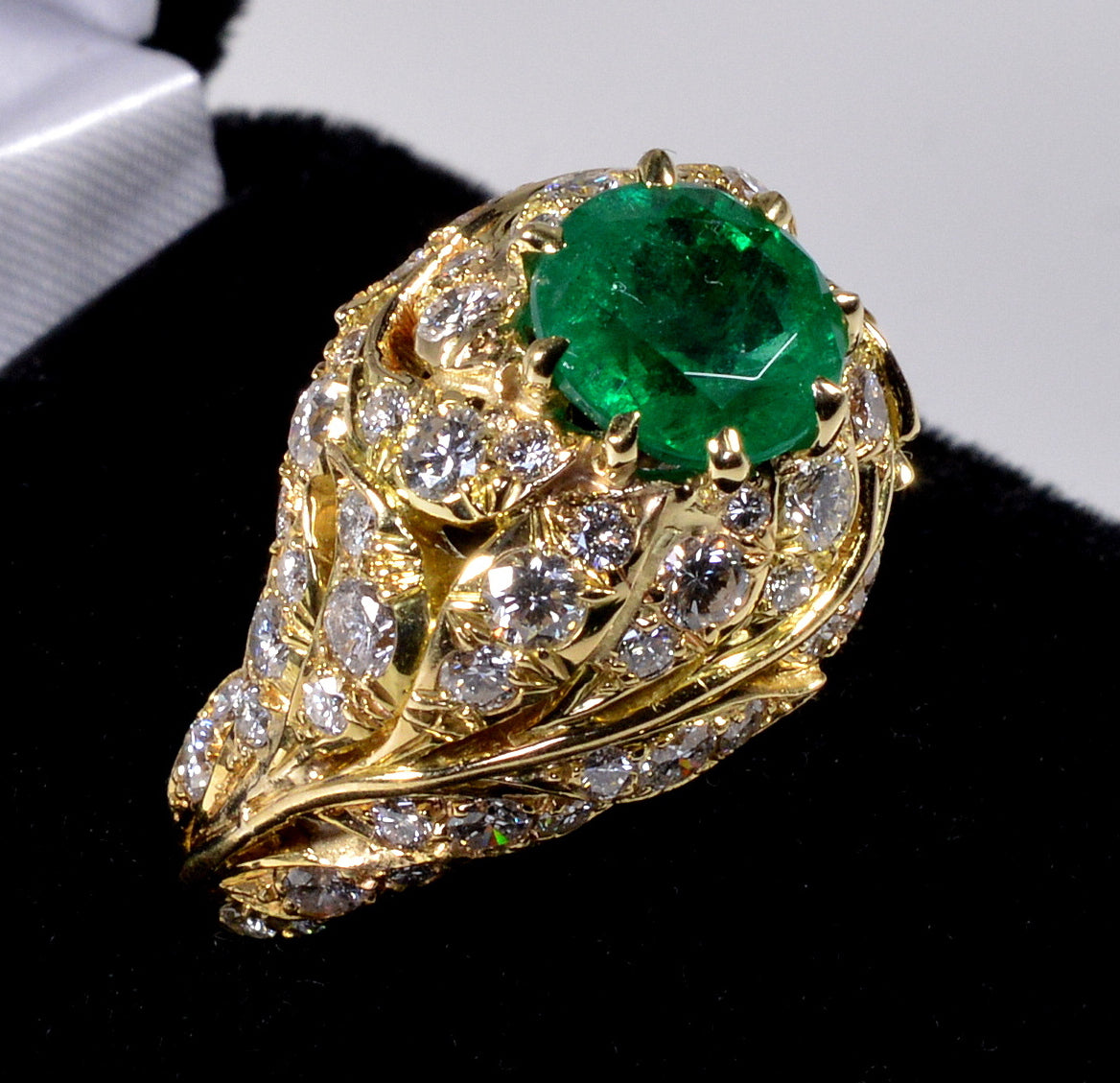 18K Gold Emerald Diamond Cocktail Ring Size 7.25 C.1980