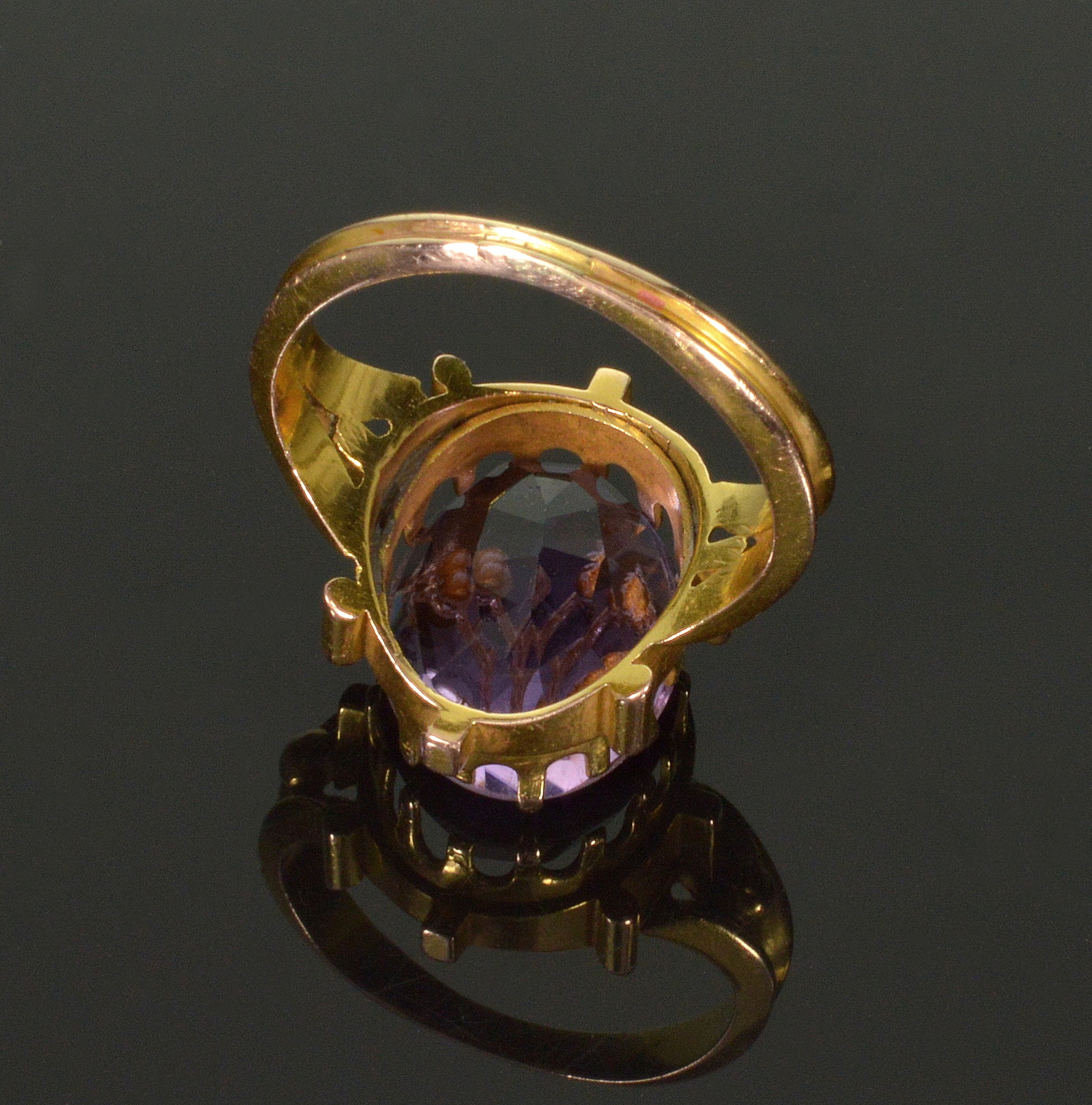 Antique 14K Gold Rose Of Sharon Diamond Ring Amethyst Inlay C.1860