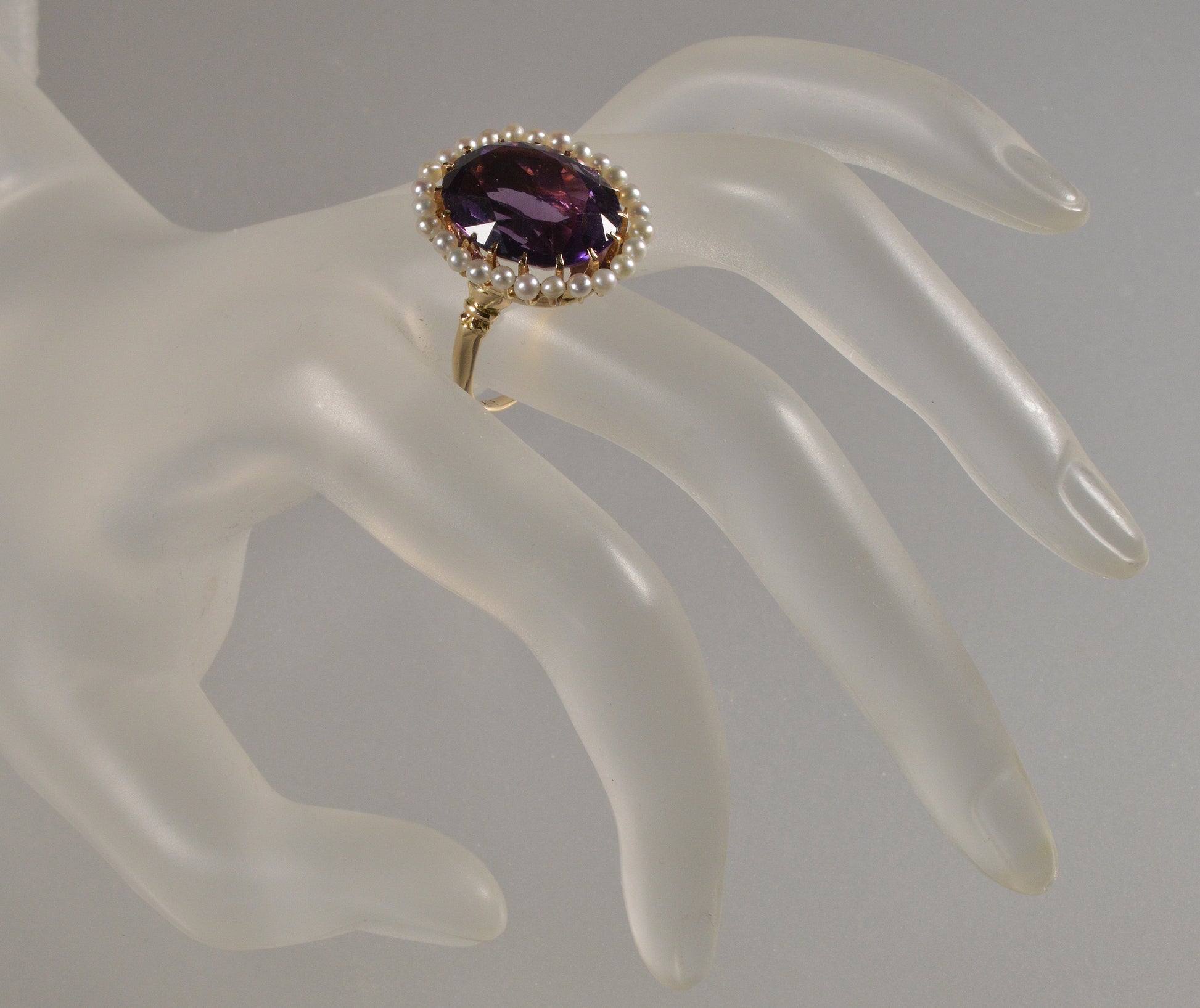 Edwardian Krementz 14K Gold Amethyst Natural Pearls Ring Size 6 3/4 C.1900