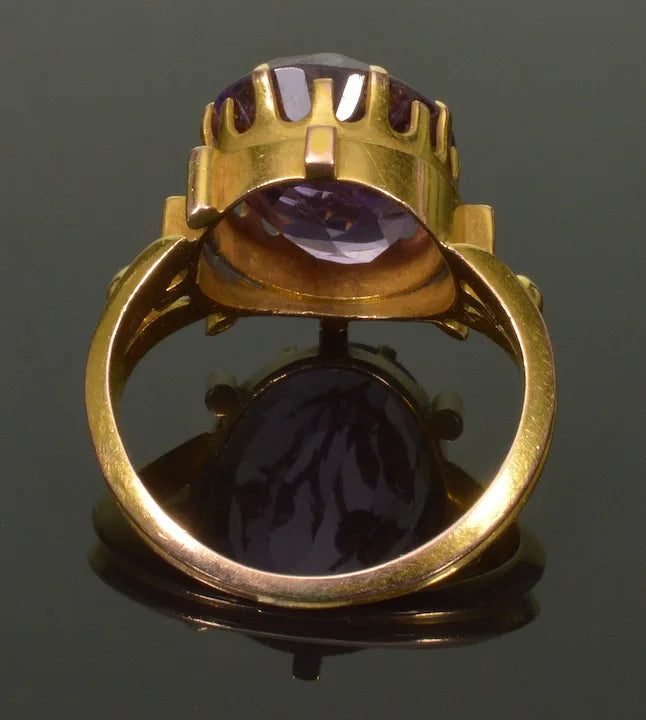 Antique 14K Gold Rose Of Sharon Diamond Ring Amethyst Inlay C.1860