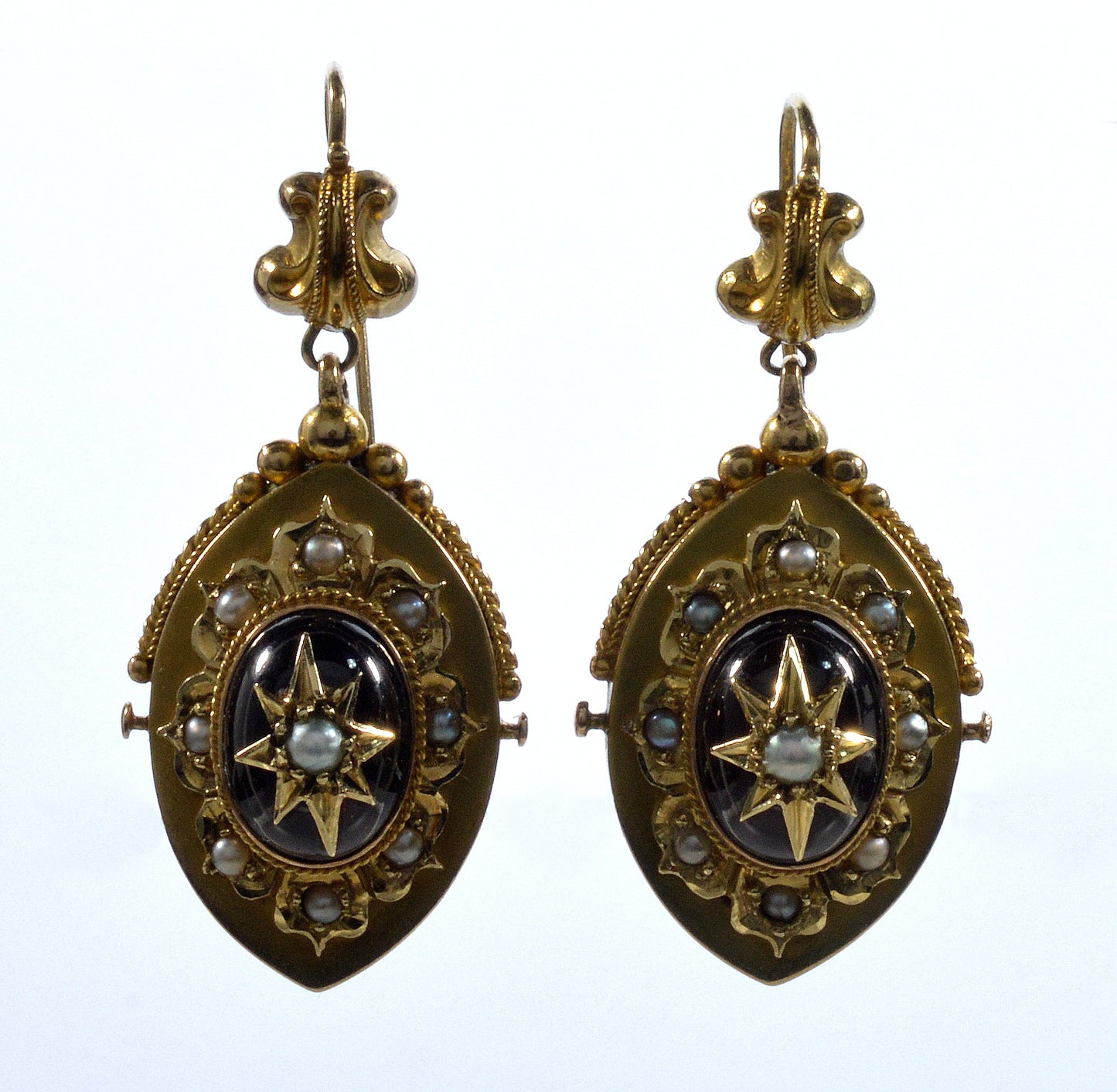 Antique Victorian 14K Gold Garnet Pearl Starburst Dangle Earrings C.1860