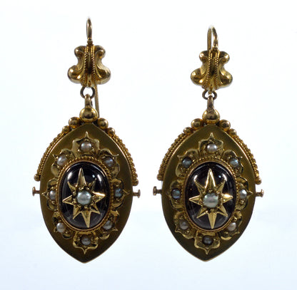 Antique Victorian 14K Gold Garnet Pearl Starburst Dangle Earrings C.1860