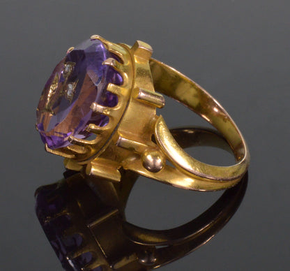 Antique 14K Gold Rose Of Sharon Diamond Ring Amethyst Inlay C.1860