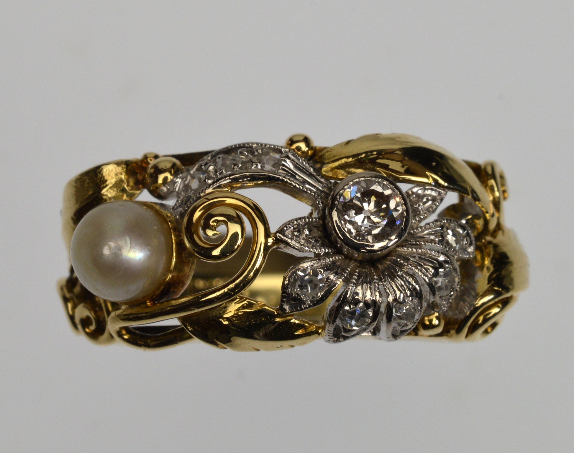 Antique Art Nouveau 14K Gold Platinum Diamond Pearl Ring
German Jugendstil W. Kölsch c.1900