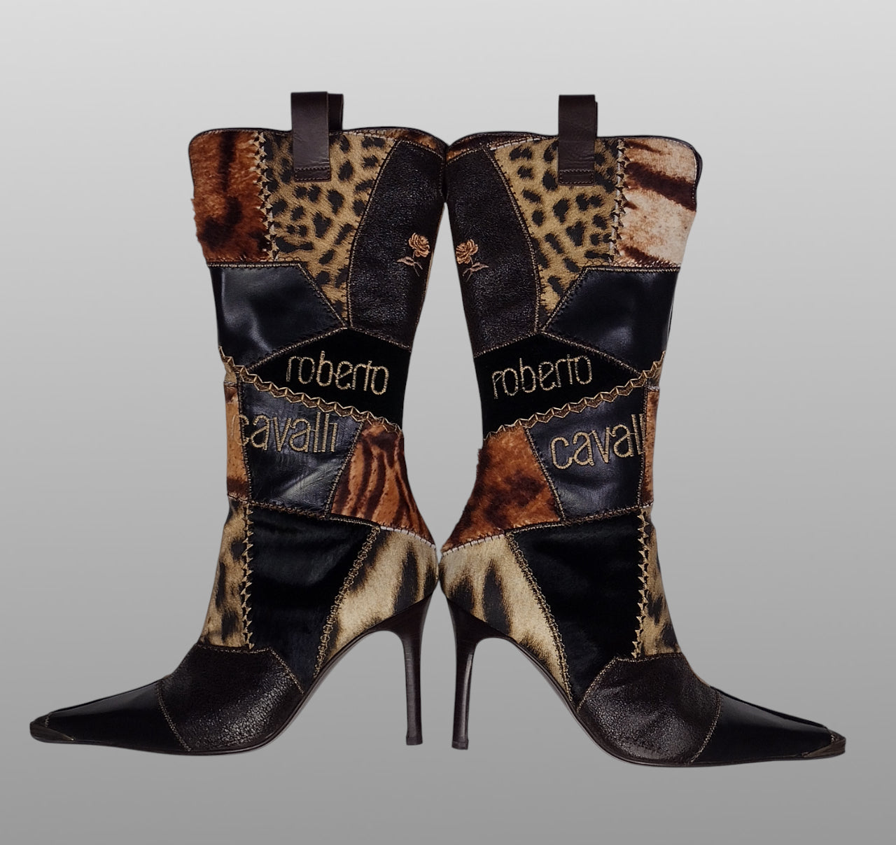 Roberto Cavalli Signature Pony Hair Calfskin Jaguar Print Boots 36 with Box