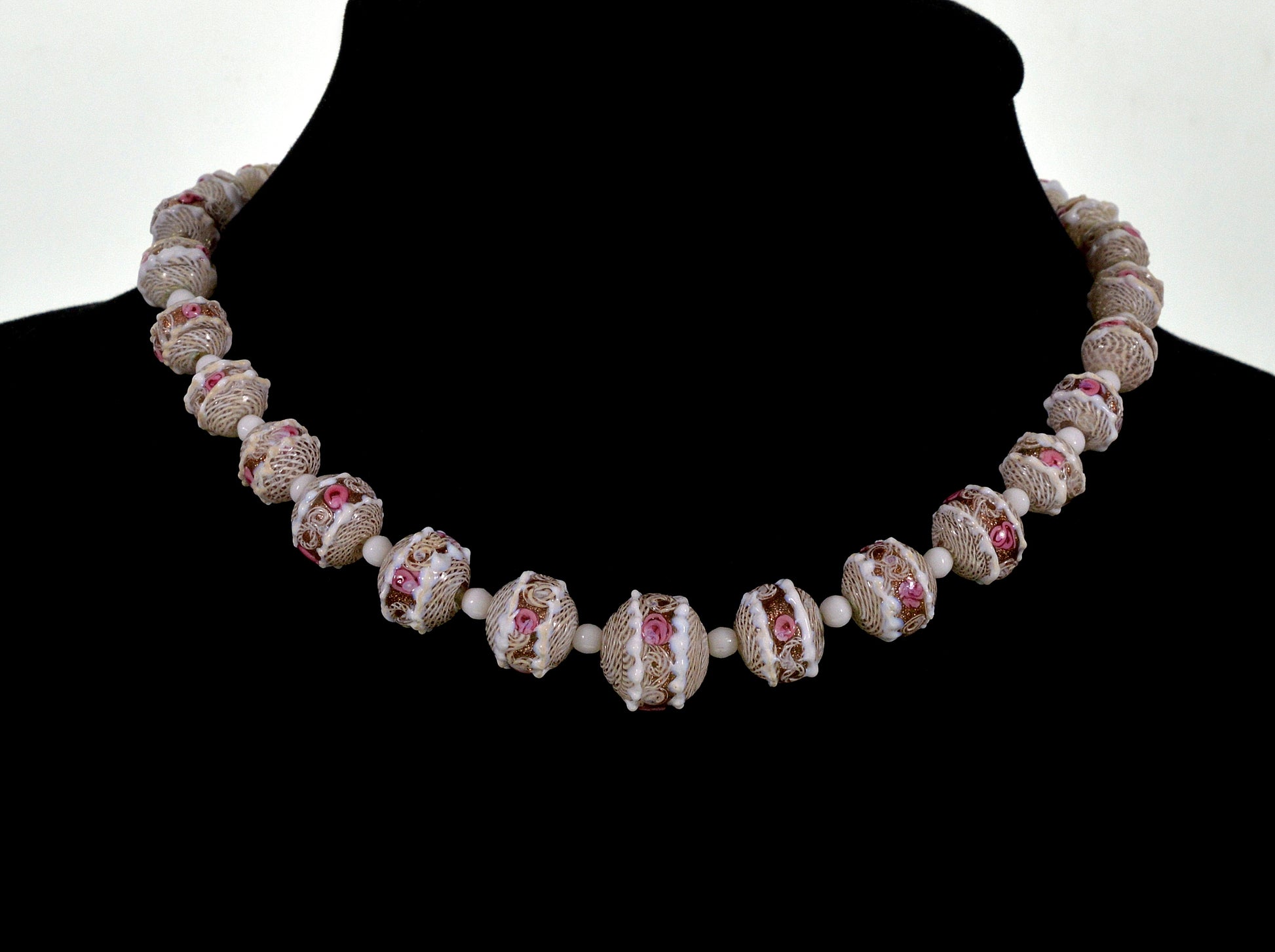 Antique Murano Venetian Glass Necklace Latticino Lamp Work Beads C.1930
