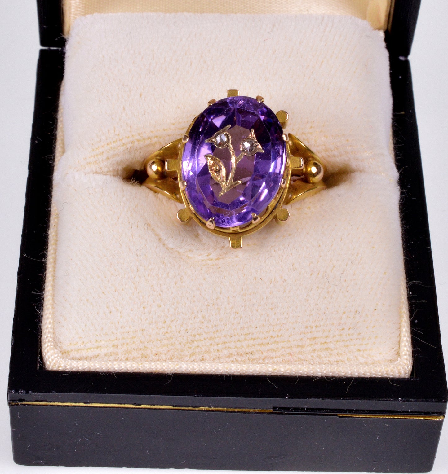 Antique 14K Gold Rose Of Sharon Diamond Ring Amethyst Inlay C.1860