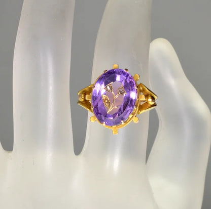 Antique 14K Gold Rose Of Sharon Diamond Ring Amethyst Inlay C.1860