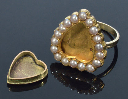 Antique Edwardian 14K Gold Pearl Enamel Heart Locket Ring C 1900 Size 6