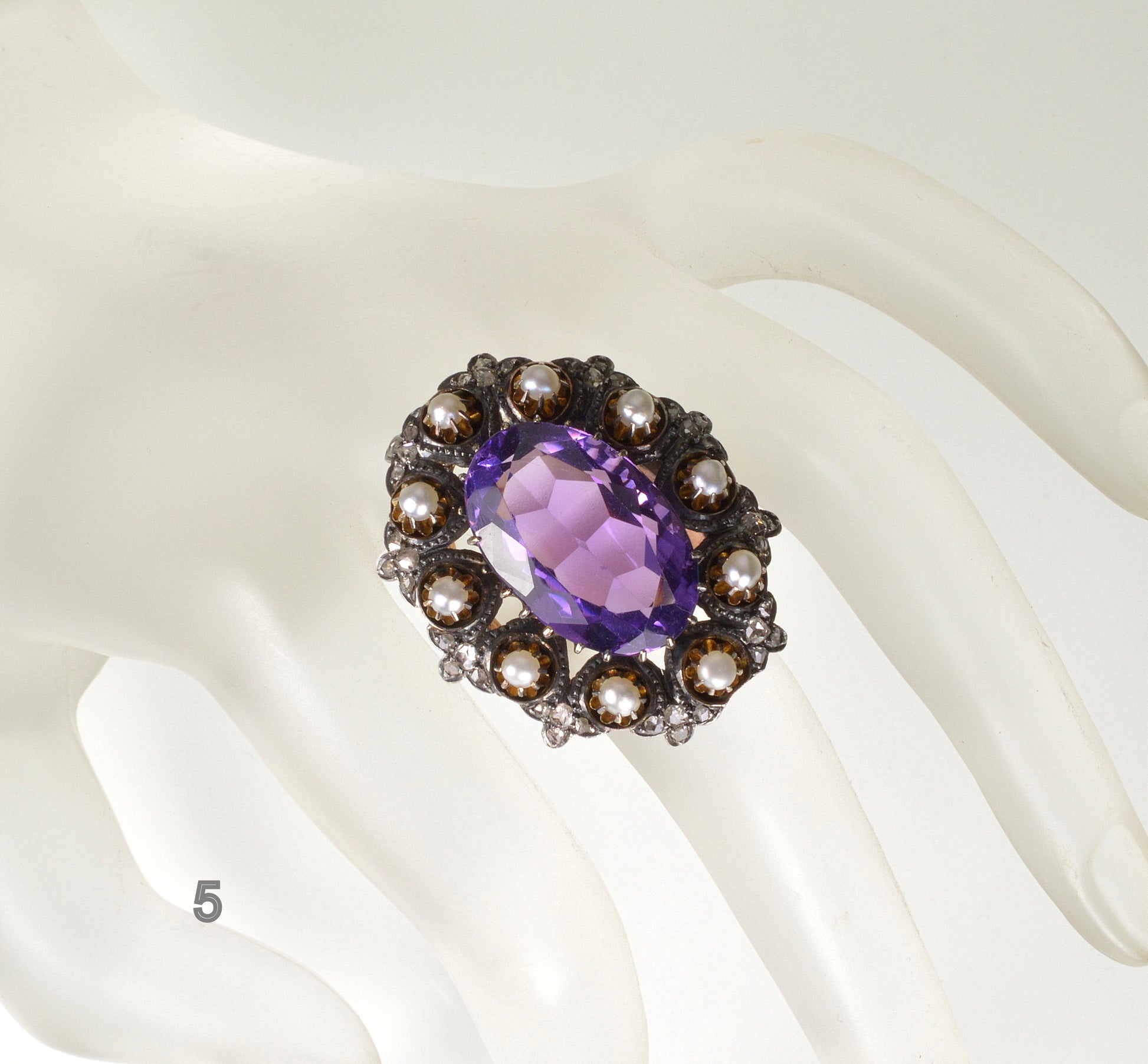 Antique Victorian 14K Gold Ring Amethyst Diamond Pearl C.1860