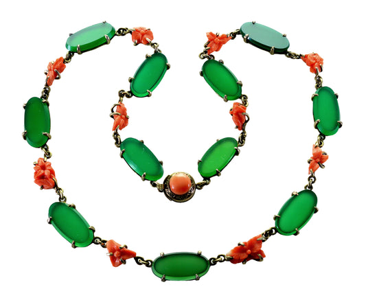 ANTIQUE ART DECO CHRYSOPRASE CORAL STERLING NECKLACE C.1920