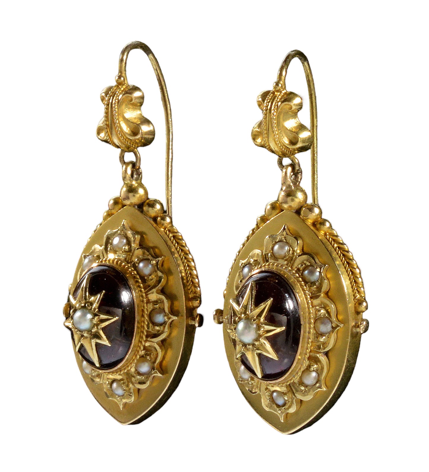 Antique Victorian 14K Gold Garnet Pearl Starburst Dangle Earrings C.1860