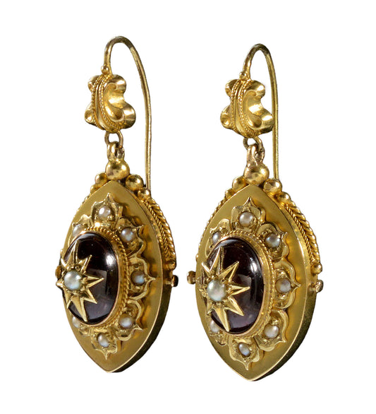 Antique Victorian 14K Gold Garnet Pearl Starburst Dangle Earrings C.1860