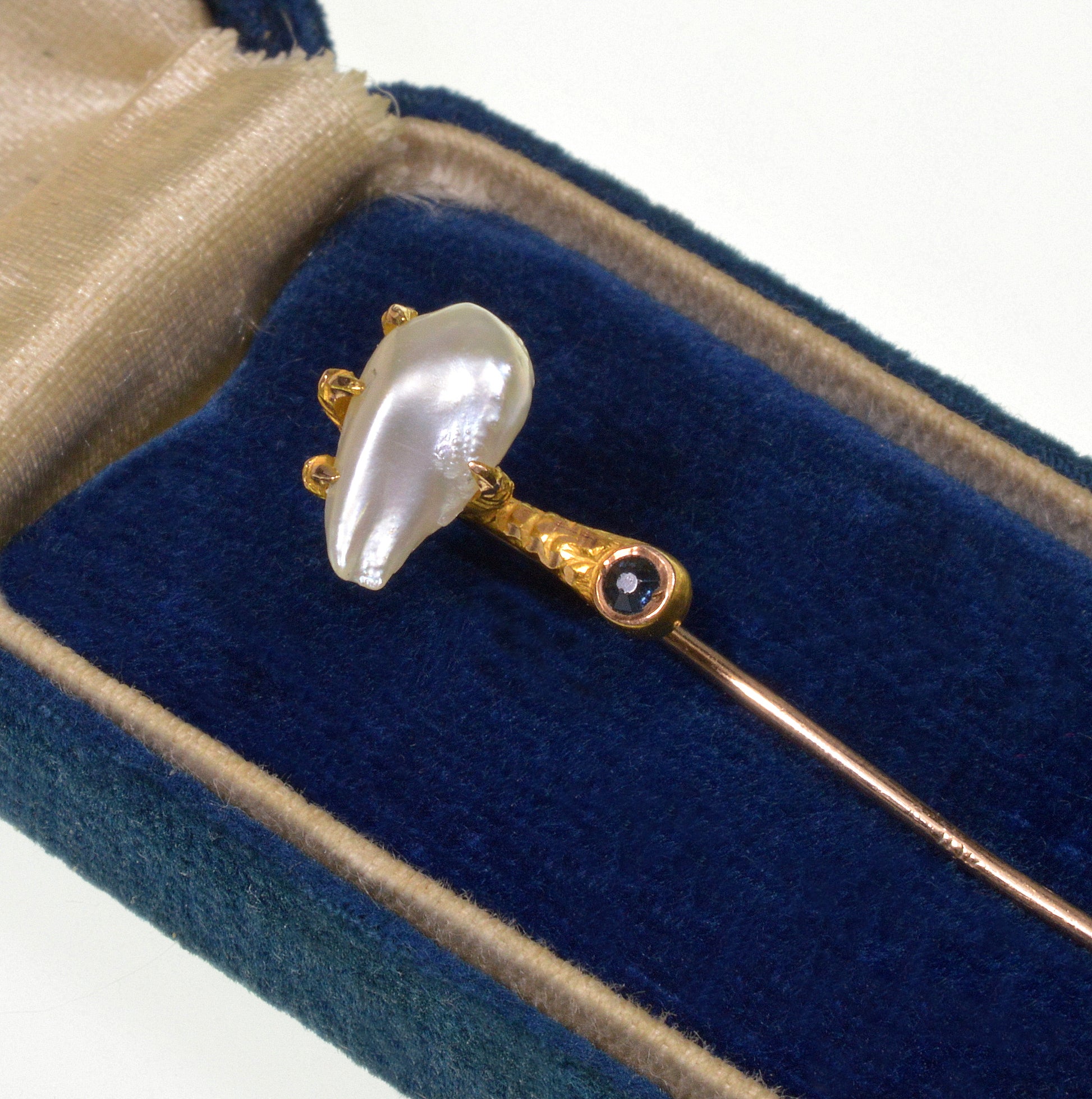 Antique Art Nouveau 10K Gold Eagle Talon Claw Stick Pin Baroque Pearl Sapphire C.1900