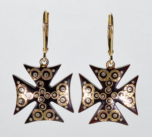 Antique Victorian Pique Inlay 14K Gold Maltese Cross Earrings C.1860