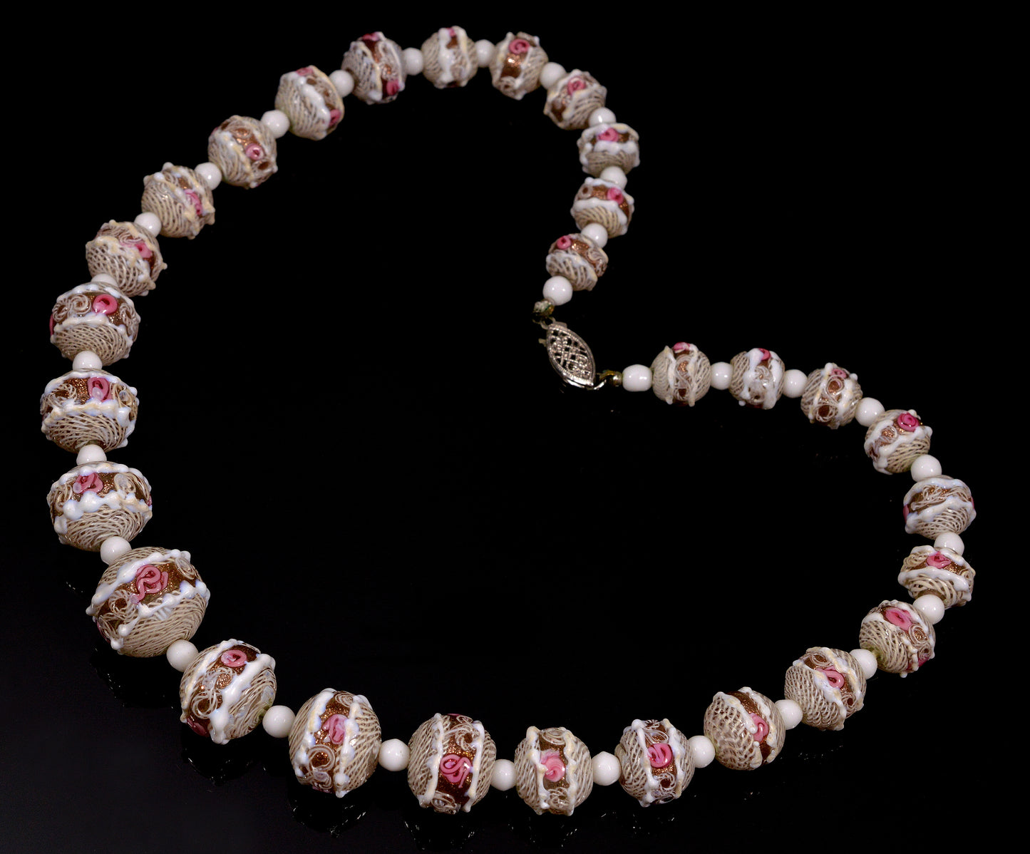 Antique Murano Venetian Glass Necklace Latticino Lamp Work Beads C.1930