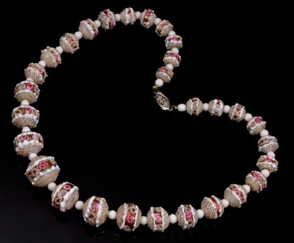 Antique Murano Venetian Glass Necklace Latticino Lamp Work Beads C.1930