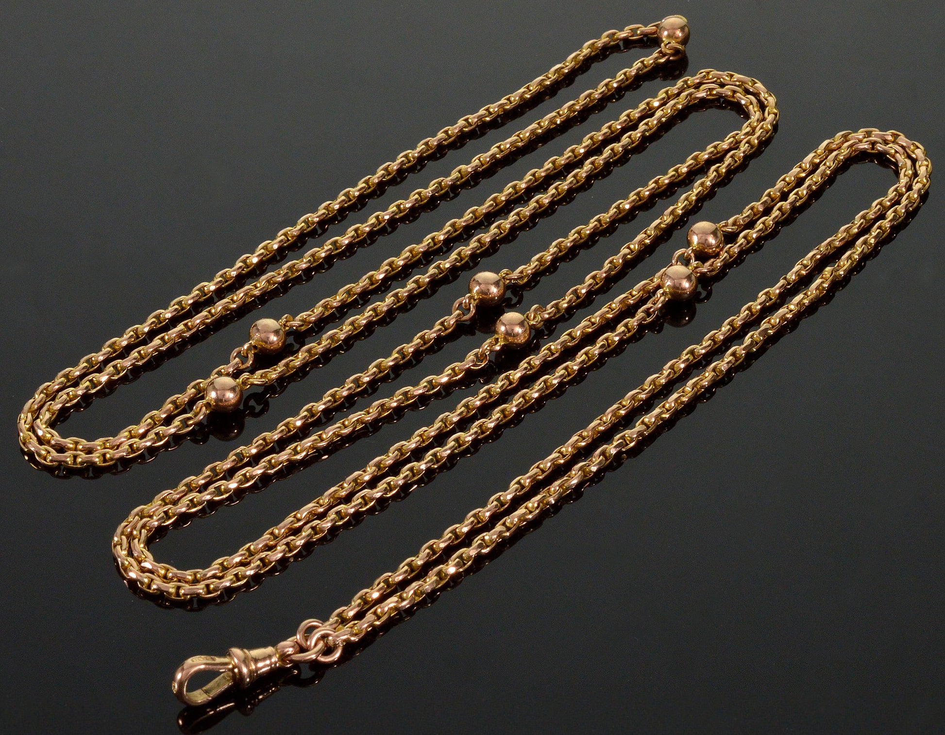 Antique Edwardian 9K Gold Long Guard Chain Necklace 55" C.1900