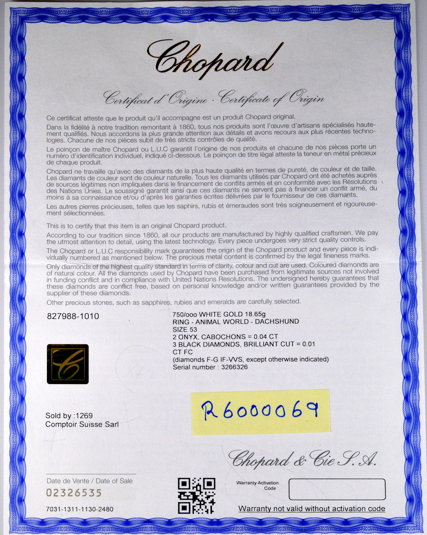 Chopard Dachshund Dog 18K White Gold Ring Size 7 Certificate