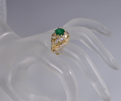 18K Gold Emerald Diamond Cocktail Ring Size 7.25 C.1980