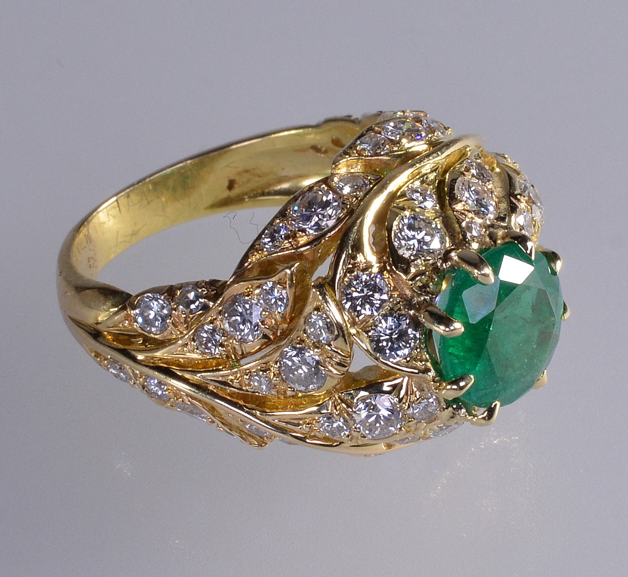 18K Gold Emerald Diamond Cocktail Ring Size 7.25 C.1980