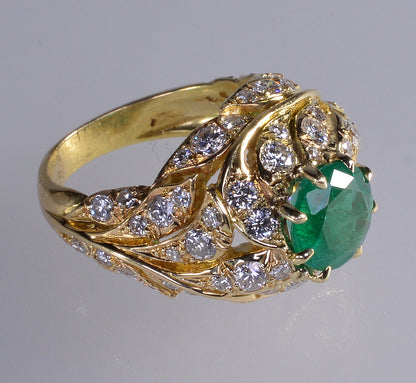 18K Gold Emerald Diamond Cocktail Ring Size 7.25 C.1980