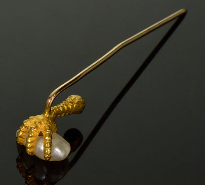 Antique Art Nouveau 10K Gold Eagle Talon Claw Stick Pin Baroque Pearl Sapphire C.1900