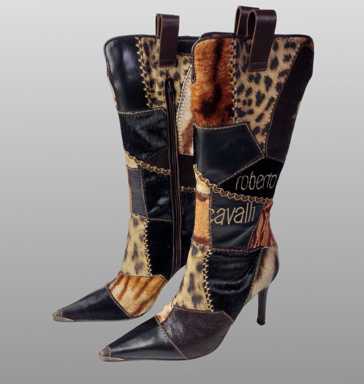 Roberto Cavalli Signature Pony Hair Calfskin Jaguar Print Boots 36 with Box