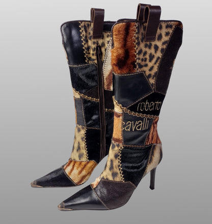 Roberto Cavalli Signature Pony Hair Calfskin Jaguar Print Boots 36 with Box