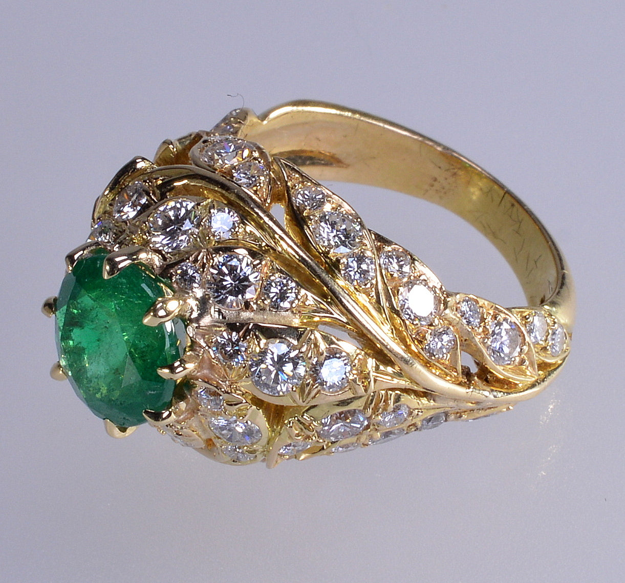 18K Gold Emerald Diamond Cocktail Ring Size 7.25 C.1980