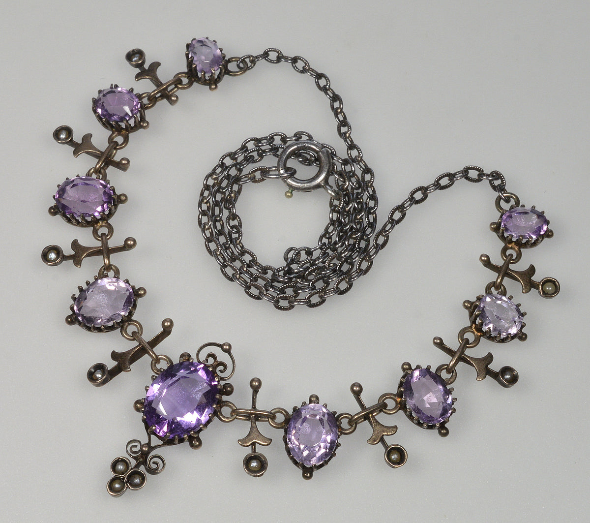 Antique Austro-Hungarian Silver Amethyst Seed Pearl Necklace C.1890