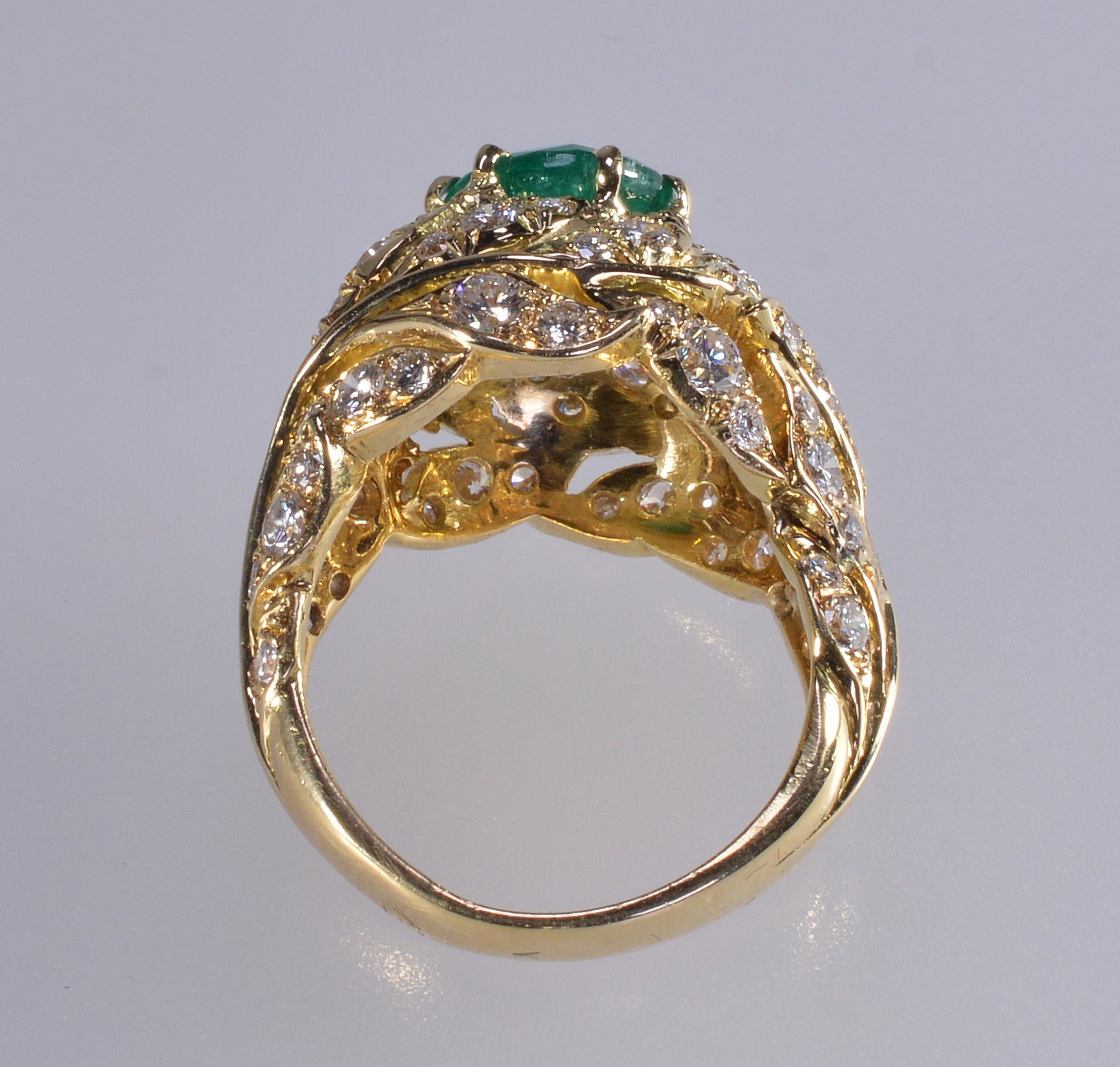 18K Gold Emerald Diamond Cocktail Ring Size 7.25 C.1980