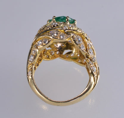 18K Gold Emerald Diamond Cocktail Ring Size 7.25 C.1980