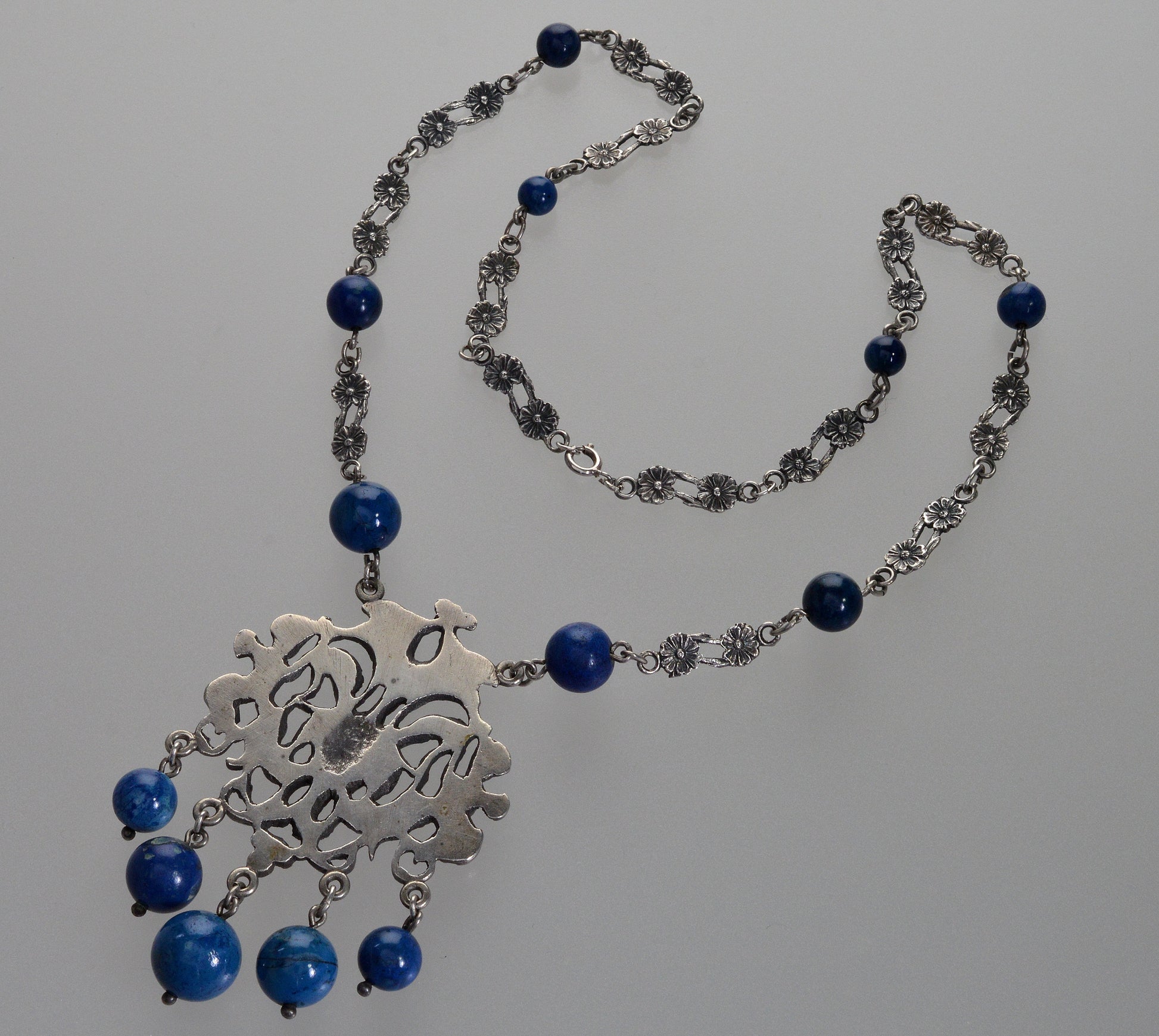 Antique Art Nouveau Peruzzi Satyr Angels Necklace Renaissance Revival Silver Sodalite C.1900