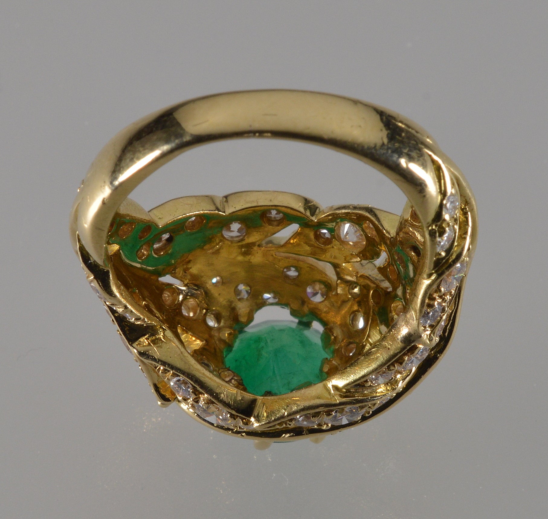 18K Gold Emerald Diamond Cocktail Ring Size 7.25 C.1980
