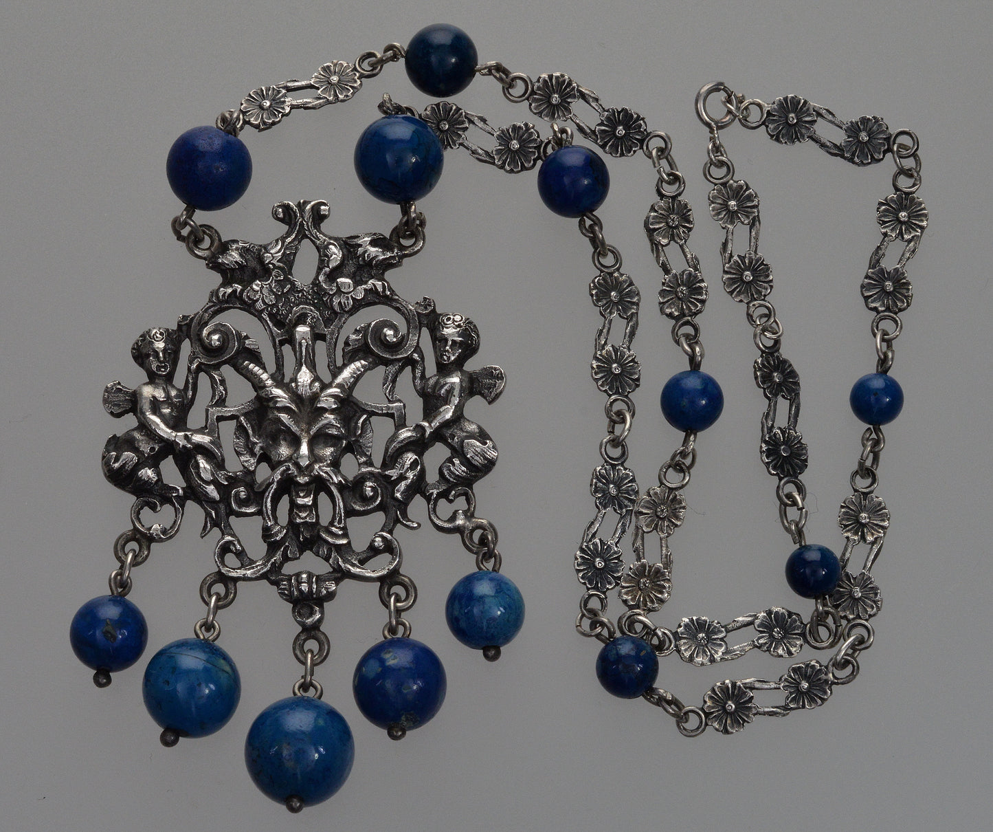 Antique Art Nouveau Peruzzi Satyr Angels Necklace Renaissance Revival Silver Sodalite C.1900