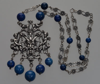 Antique Art Nouveau Peruzzi Satyr Angels Necklace Renaissance Revival Silver Sodalite C.1900