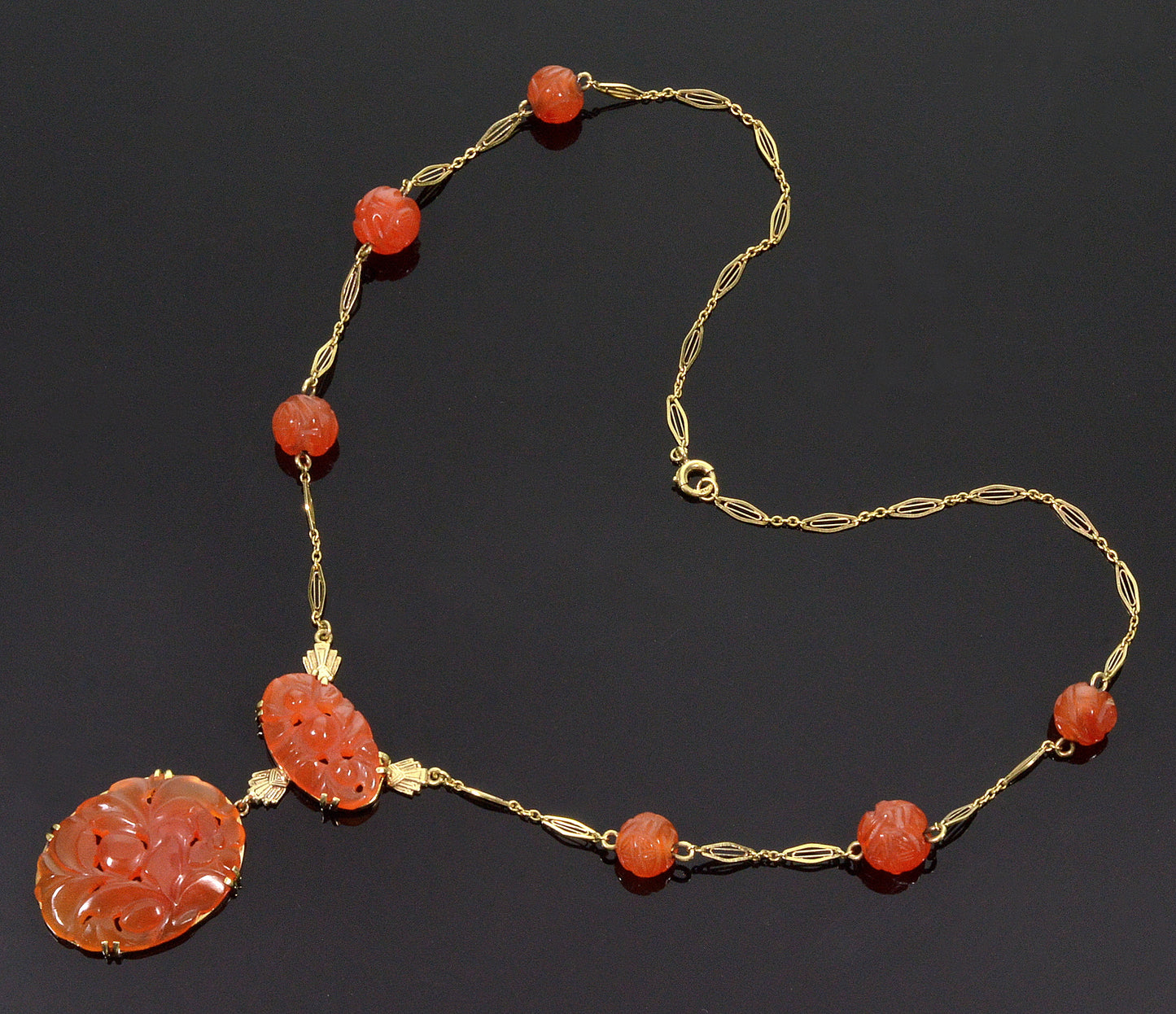 Antique Art Deco 14K Gold Carnelian Chain Necklace C.1920