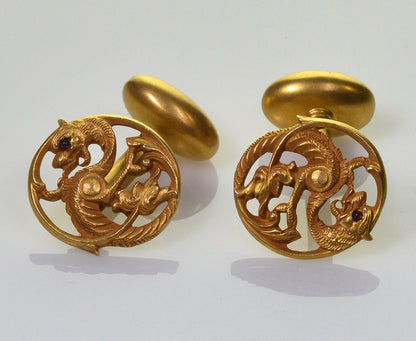 Art Nouveau 14K Gold Cufflinks by Carter, Gough & Co Gargoyle Griffin C.1900