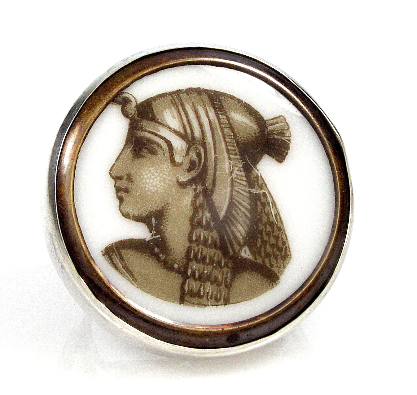 Antique French Art & Crafts Egyptian Revival Sterling Ring Cleopatra Sepia Enamel Cameo Size 7 C.1870